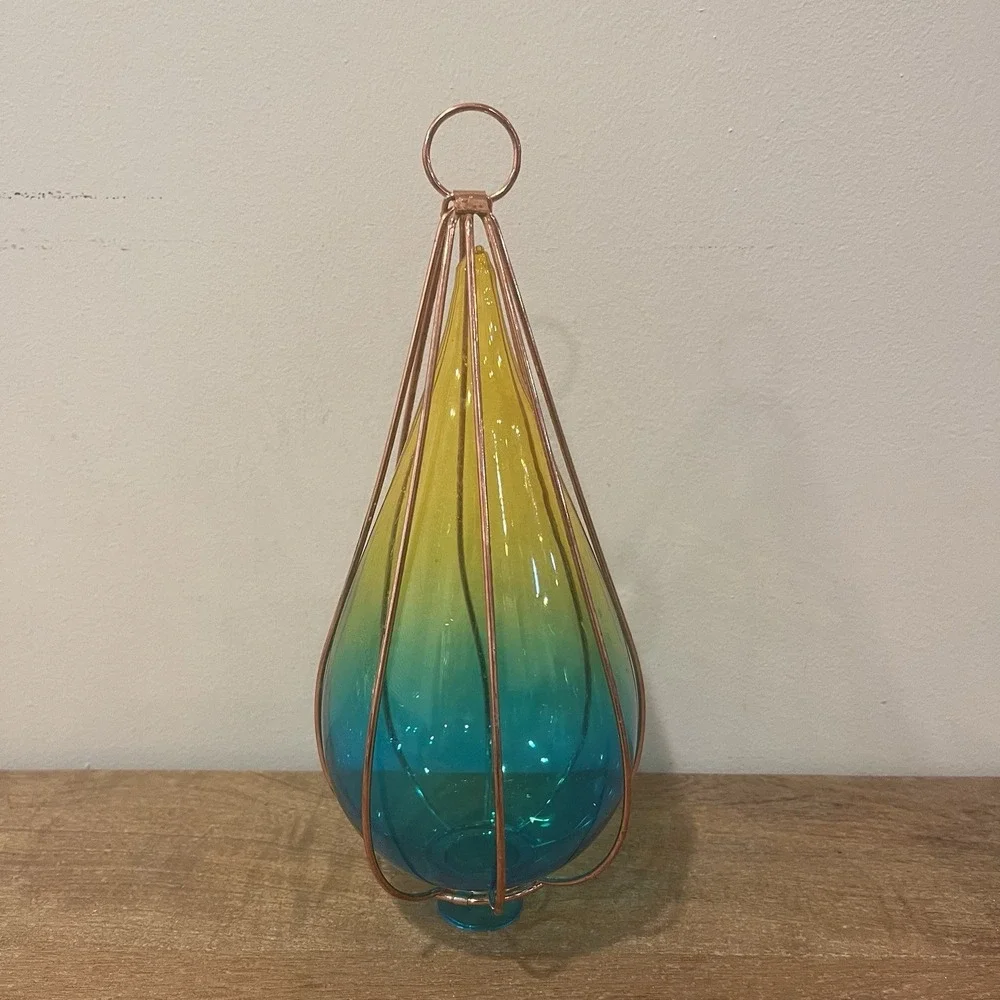 Ombre Art Glass Hummingbird Feeder Teal Yellow Copper Hanging Garden Decor